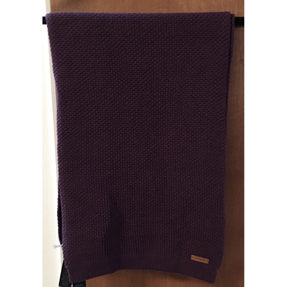 COACH SCARF Solid Tuck Stitch Black Violet Purple WOOL Cotton Blend NWT